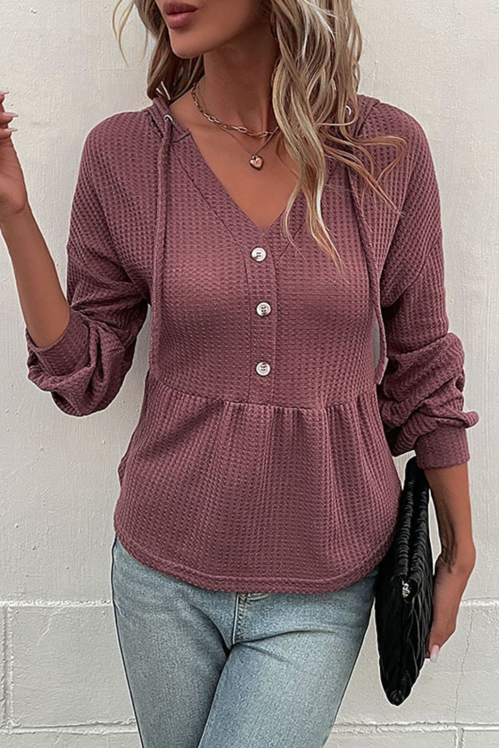 Perfee Waffle-Knit Buttoned Drop Shoulder Hoodie-Nordavory