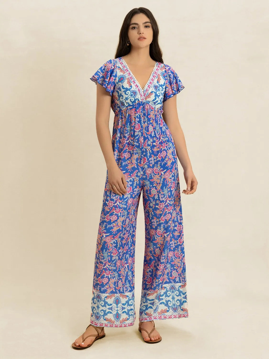 Printed V-Neck Wide Leg Jumpsuit-Nordavory
