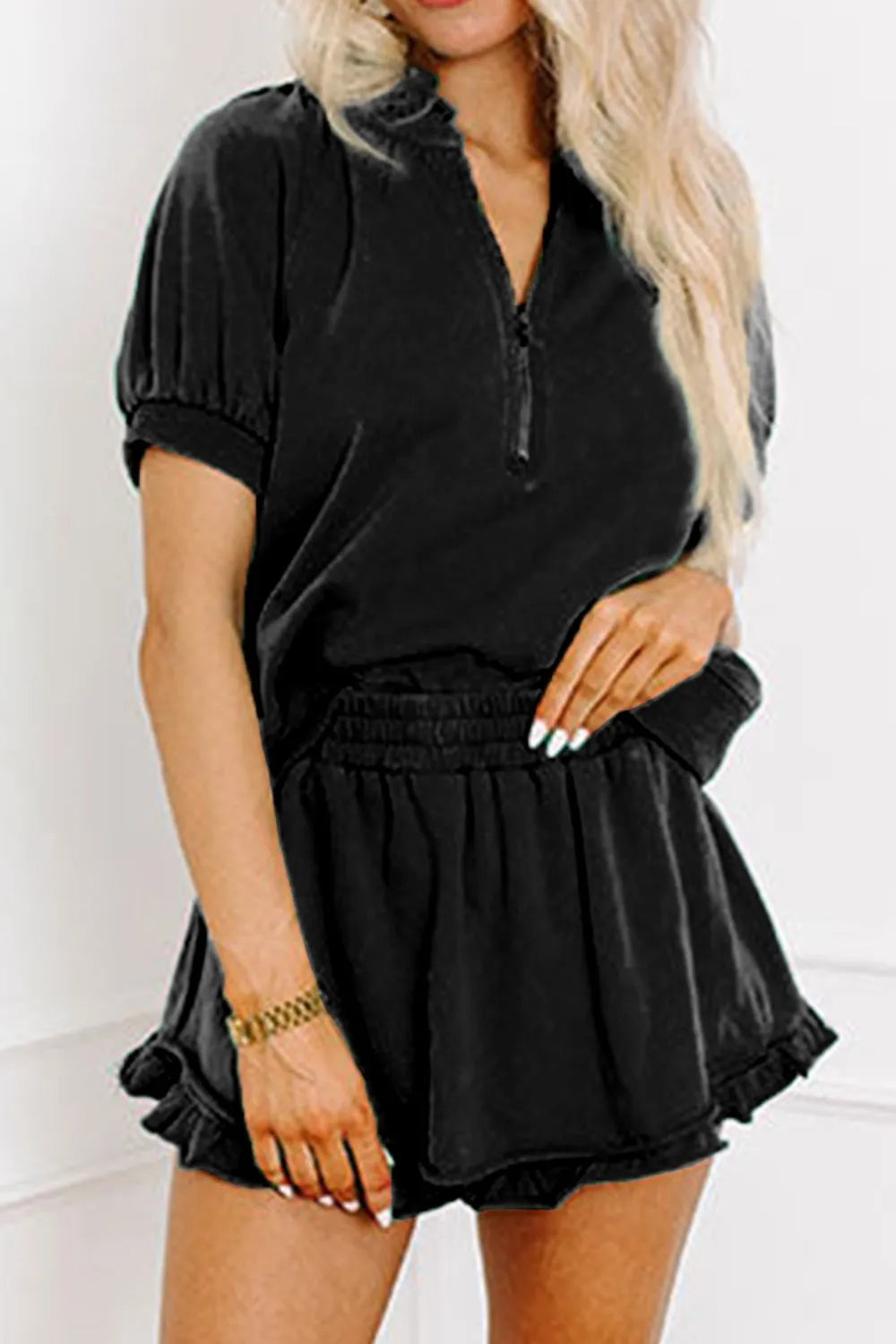 Frill Zip Front Puff Sleeve Top and Skort Set-Nordavory