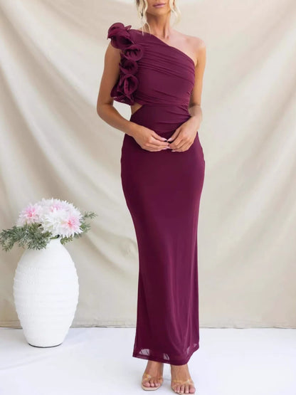 One-Shoulder Floral Trim Sleeveless Maxi Dress-Nordavory