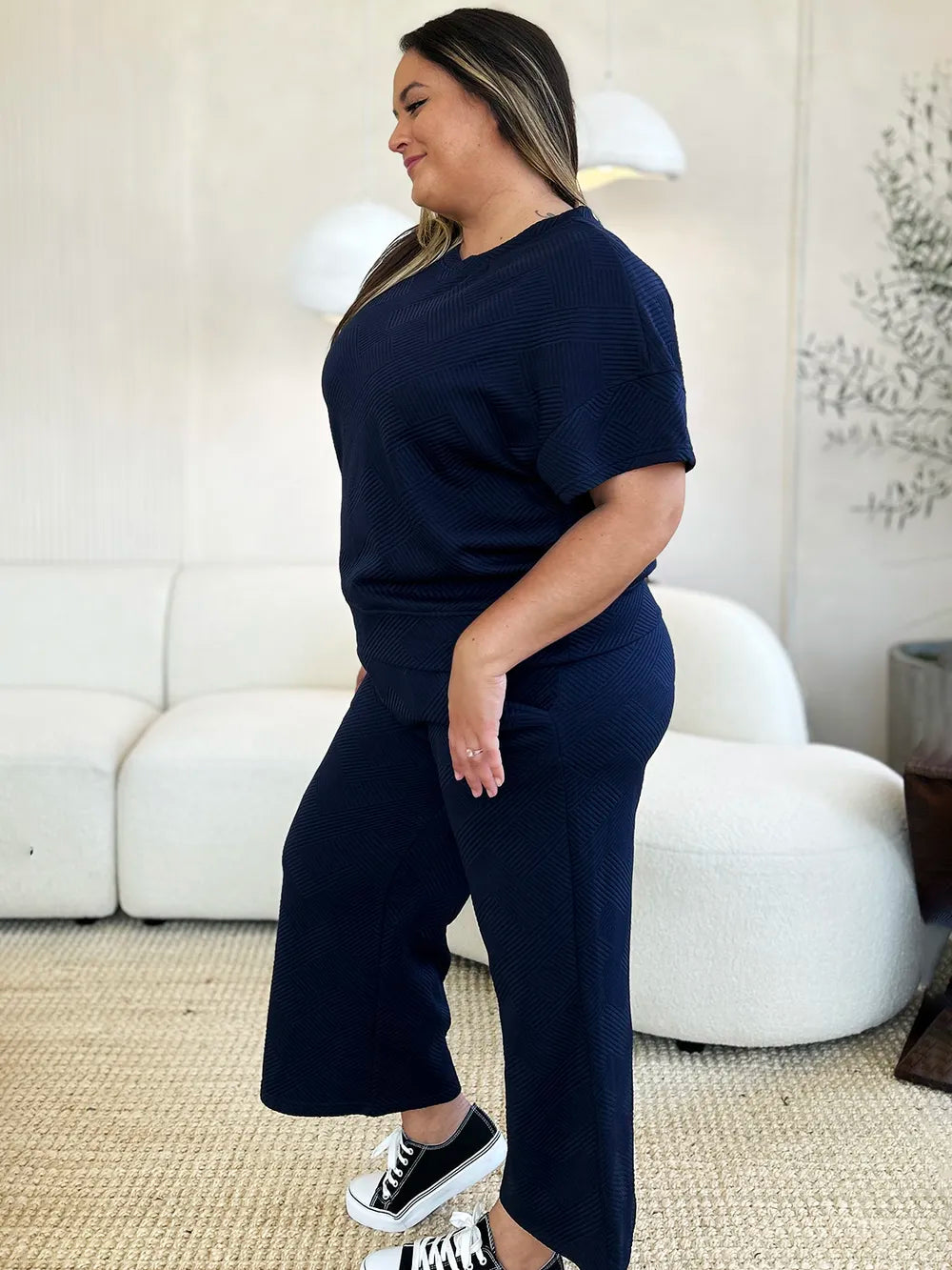 Double Take Full Size Texture Short Sleeve Top and Pants Set-Nordavory