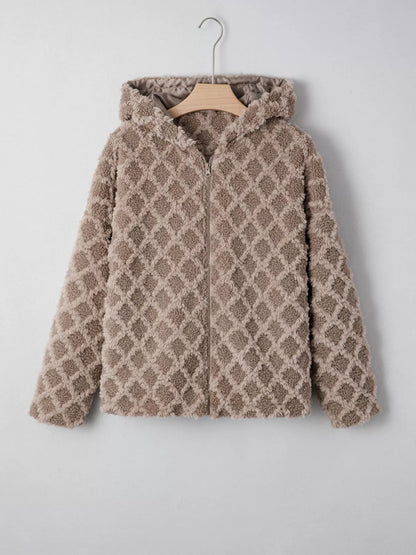 Sherpa Rhombus Zip Up Side Pocket Hooded Jacket-Nordavory