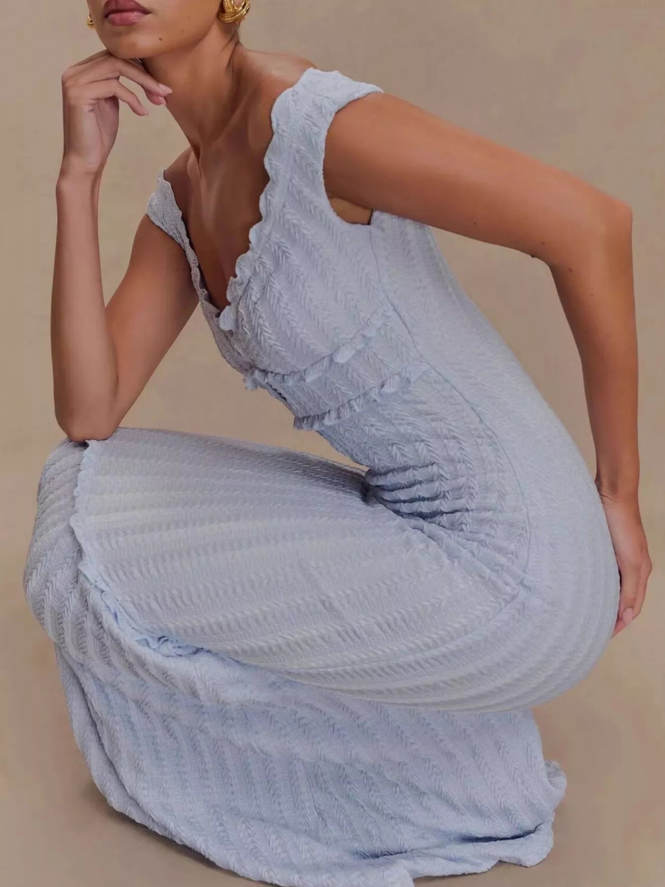 Frill Off-Shoulder Knit Maxi Mermaid Dress-Nordavory