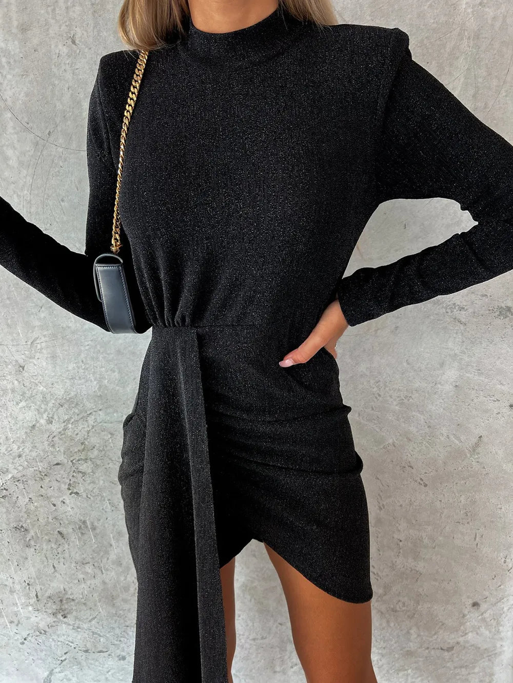 Heathered Mock Neck Long Sleeve Mini Dress-Nordavory