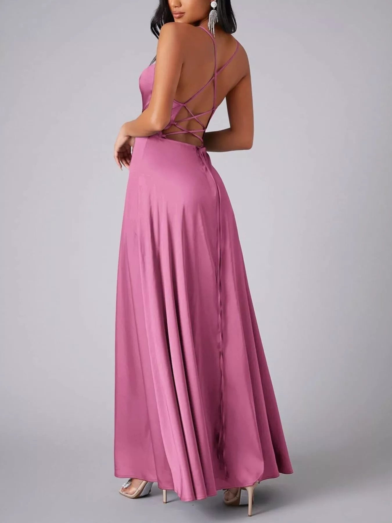 Lace Up Back Split Maxi Dress-Nordavory
