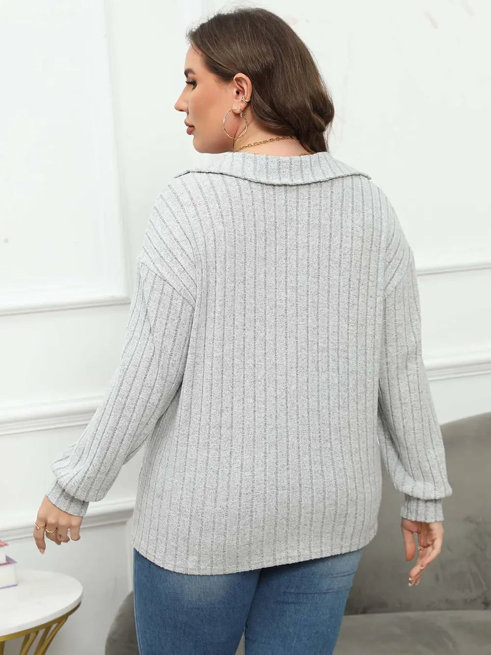 Plus Size Ribbed Collared Neck Long Sleeve Blouse-Nordavory