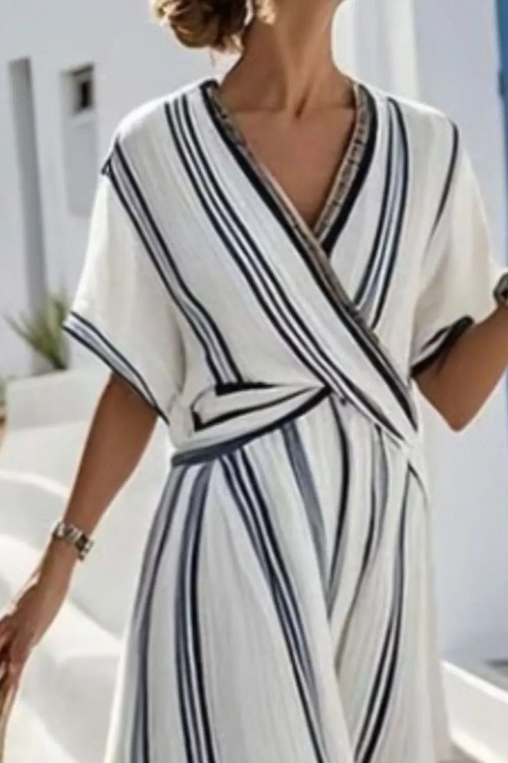 Striped Wrap Half Sleeve Maxi Dress-Nordavory