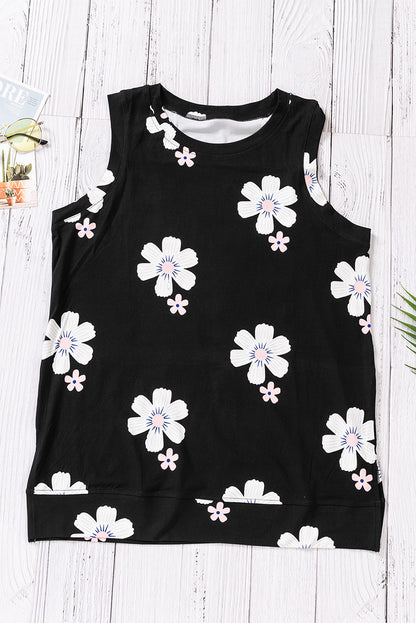 Printed Side Slit Round Neck Tank-Nordavory