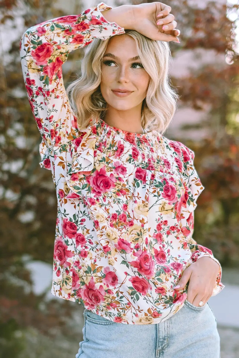 Floral Round Neck Smocked Blouse-Nordavory