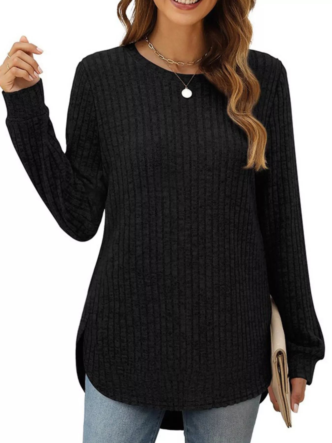 Ribbed Texture Round Neck Long Sleeve Rounded Hem Knit Top-Nordavory