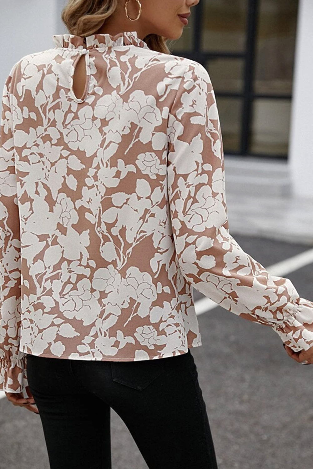 Floral Print Mock Neck Flounce Sleeve Blouse-Nordavory