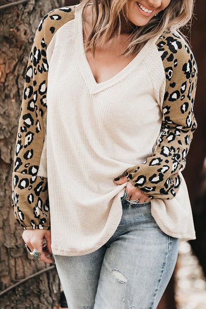 Plus Size Leopard V-Neck Raglan Sleeve Blouse-Nordavory