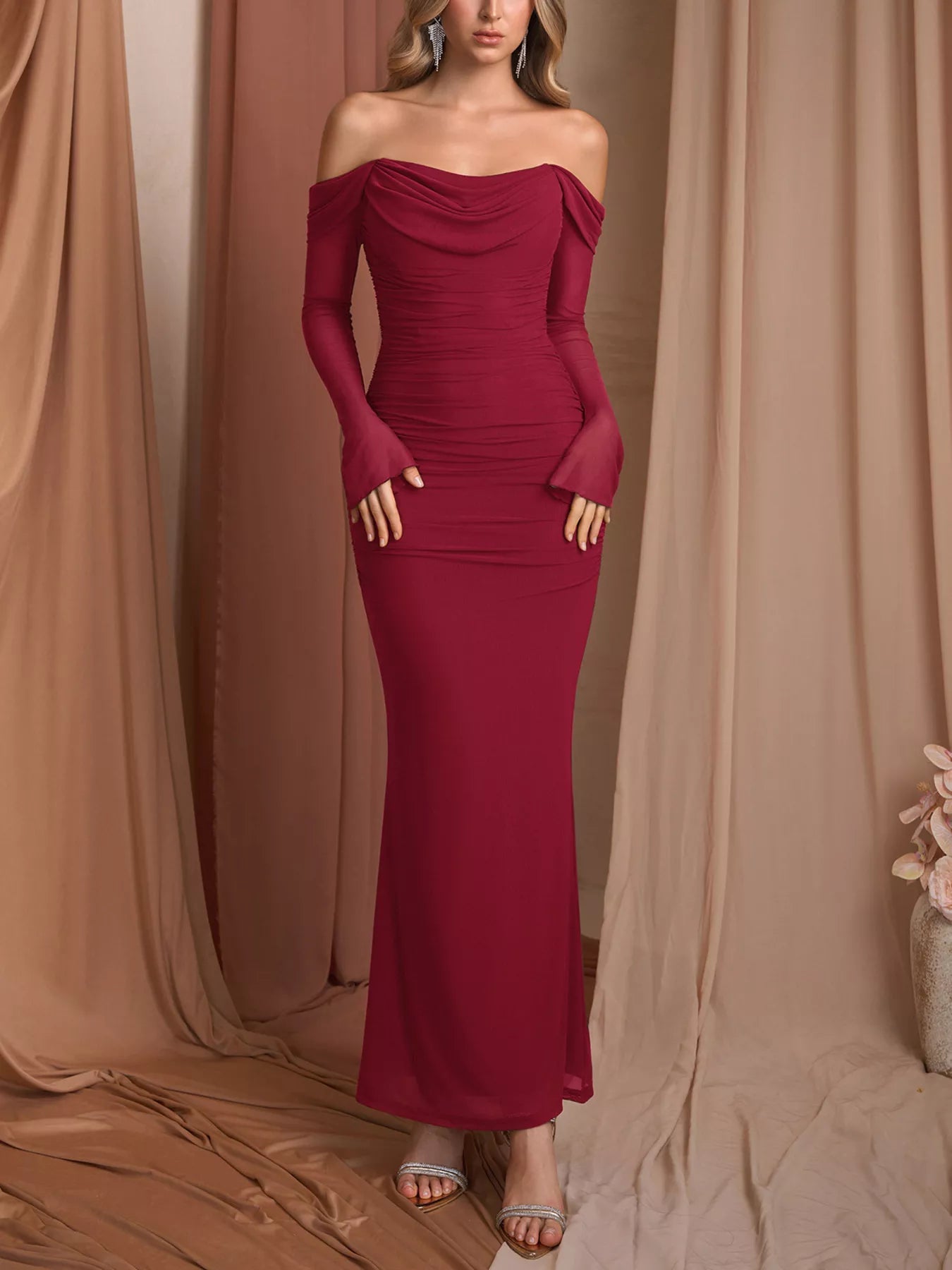 Off-Shoulder Ruched Mermaid Maxi Dress-Nordavory
