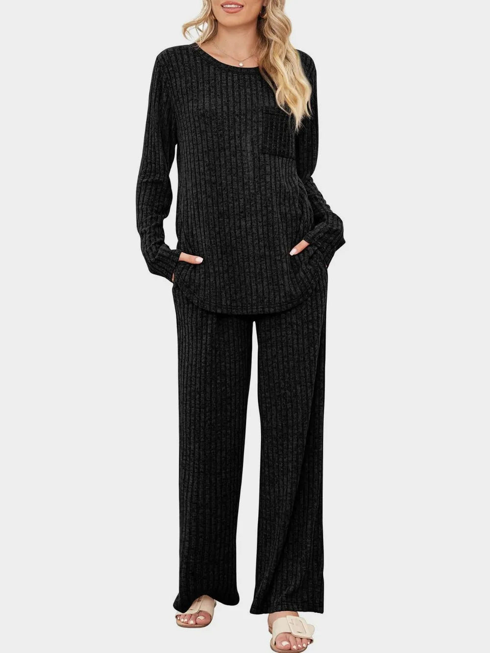 Round Neck Long Sleeve Top and Pants Set-Nordavory