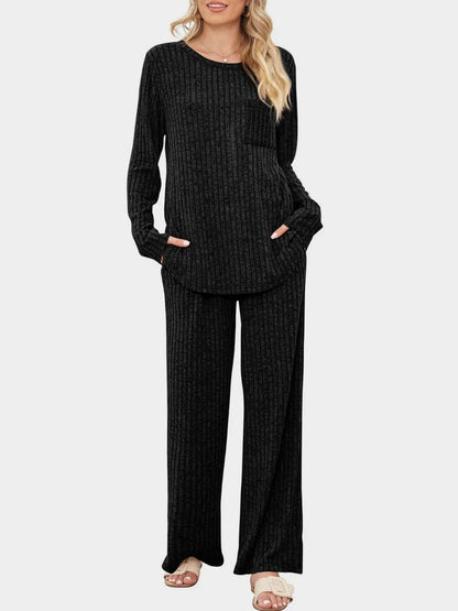Round Neck Long Sleeve Top and Pants Set-Nordavory