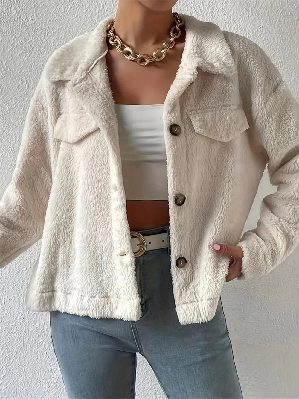 Collared Neck Button Up Jacket with Decorative Pocket Flaps-Nordavory