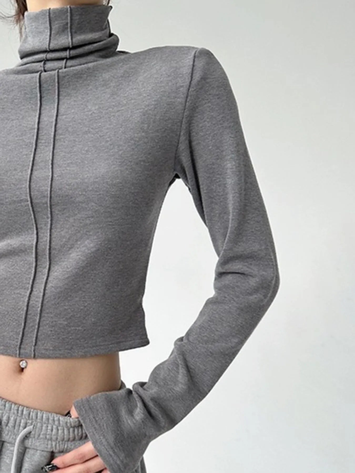 High Neck Long Sleeve Cropped T-Shirt-Nordavory