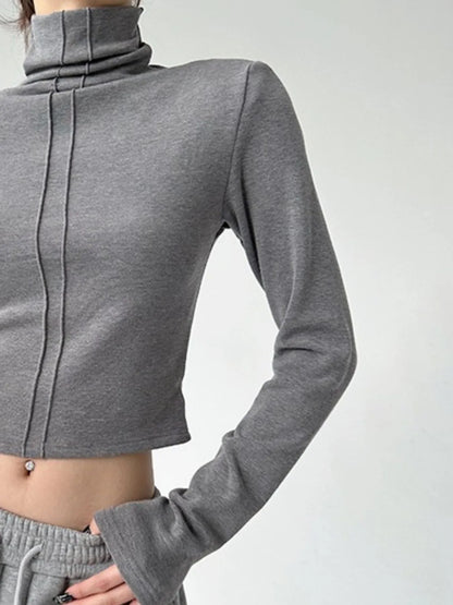 High Neck Long Sleeve Cropped T-Shirt-Nordavory