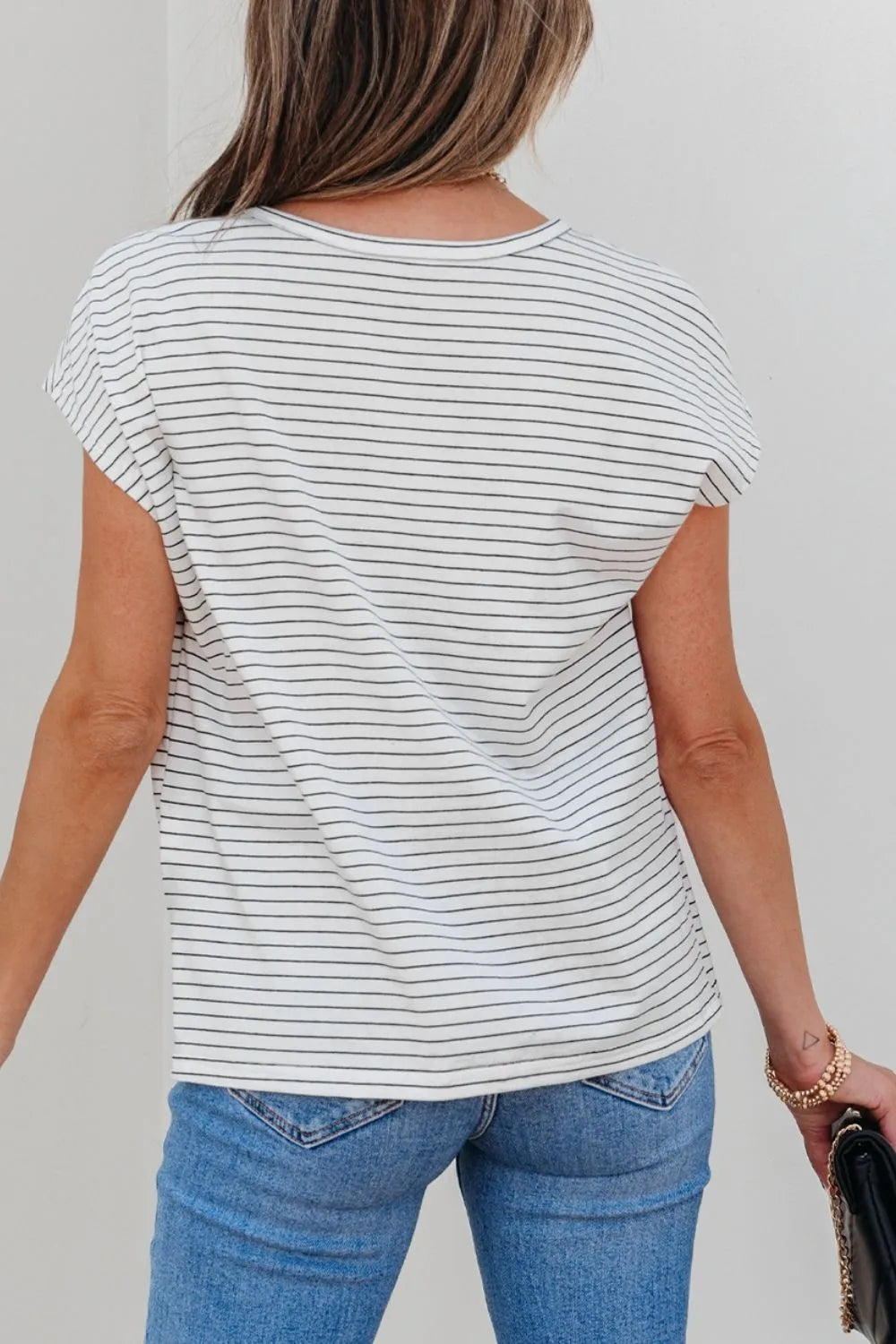 Stripe Cap Sleeve Crew Neck Casual Tee with Chest Pocket-Nordavory
