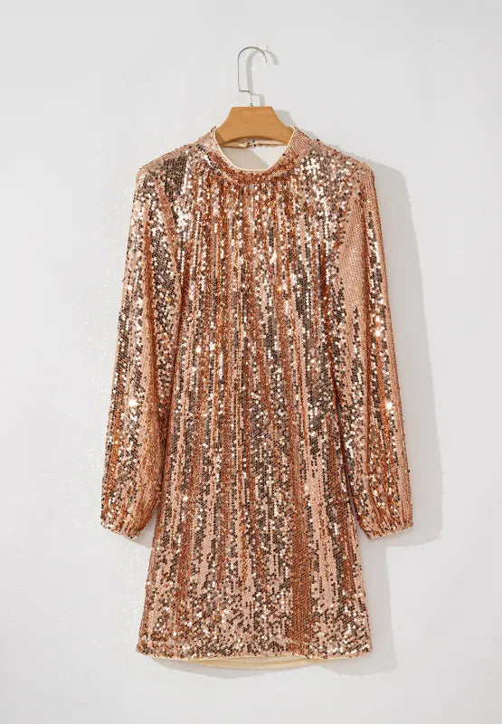 Backless Sequin Mock Neck Long Sleeve Mini Dress-Nordavory