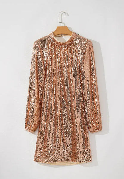 Backless Sequin Mock Neck Long Sleeve Mini Dress-Nordavory
