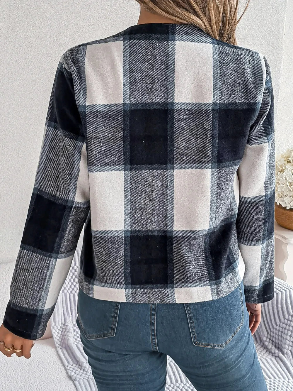 Plaid Open Front Long Sleeve Jacket-Nordavory