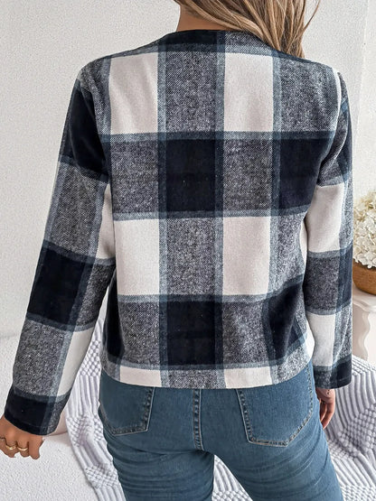 Plaid Open Front Long Sleeve Jacket-Nordavory