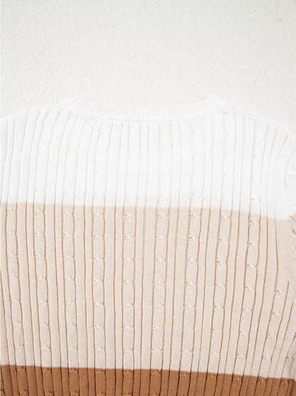 Colorblock Cable Knit Round Neck Sweater-Nordavory