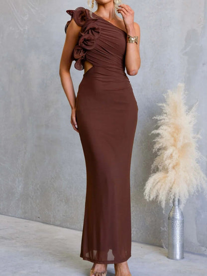 One-Shoulder Floral Trim Sleeveless Maxi Dress-Nordavory