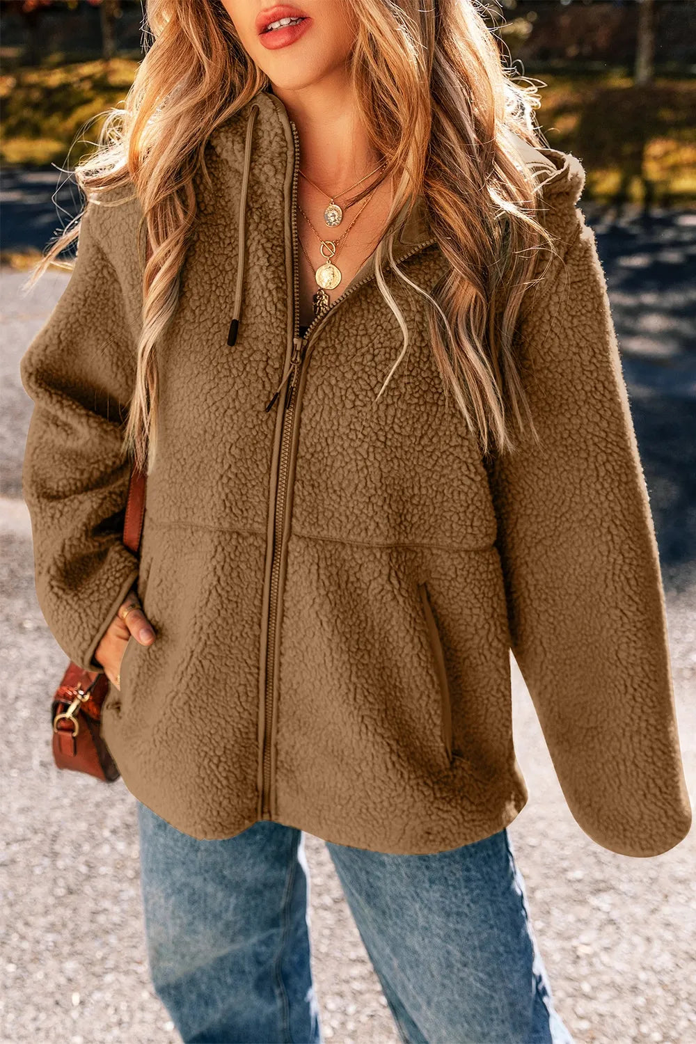Drawstring Fleece Zip Up Hooded Jacket-Nordavory