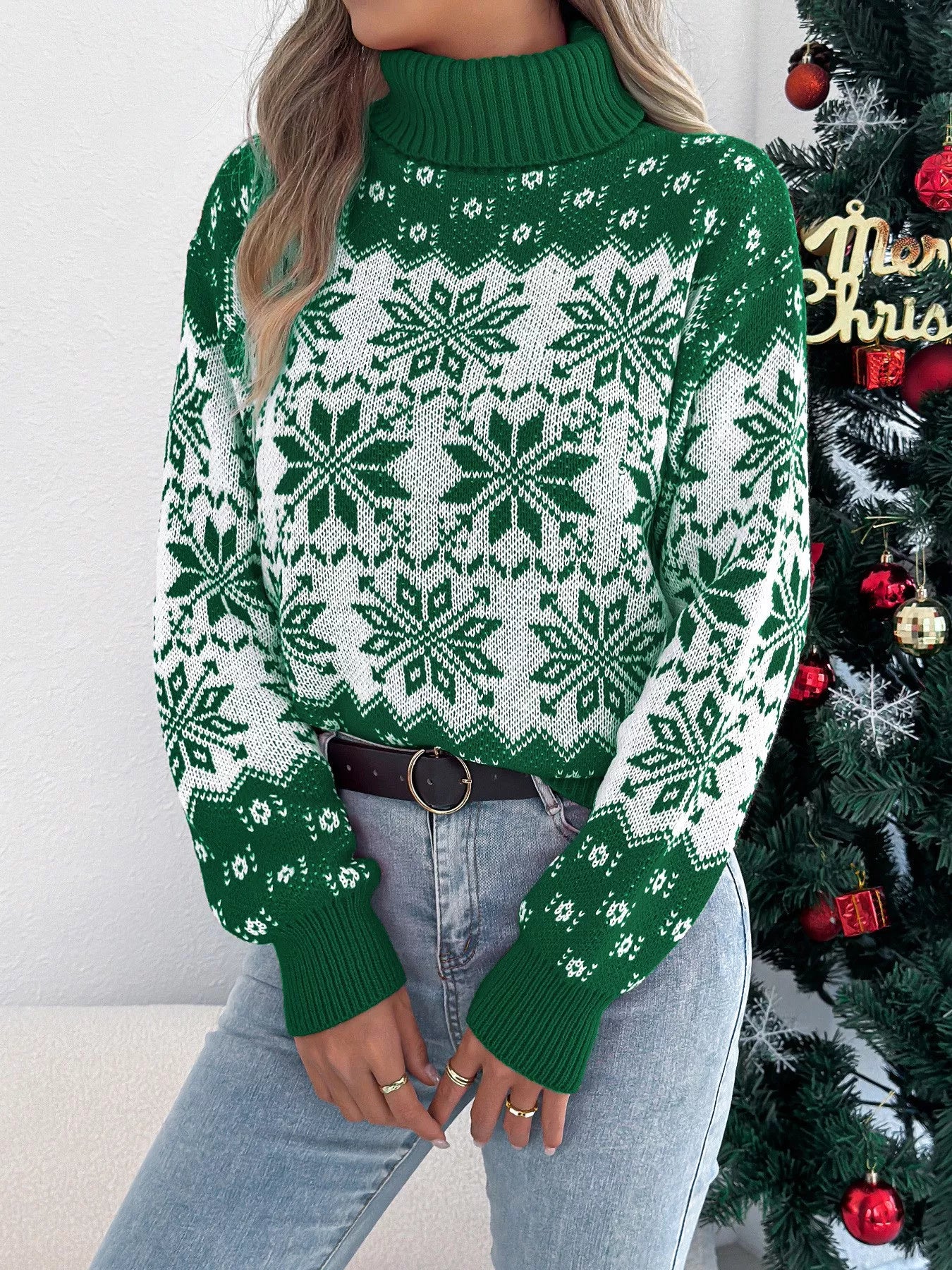Christmas Snowflake Turtleneck Long Sleeve Sweater-Nordavory