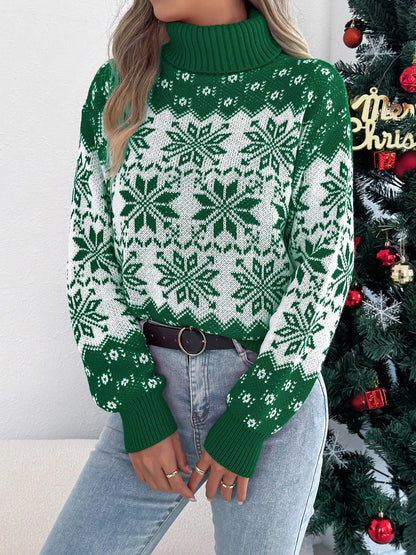 Christmas Snowflake Turtleneck Long Sleeve Sweater-Nordavory
