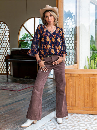 Floral V-Neck Crochet Blouse-Nordavory