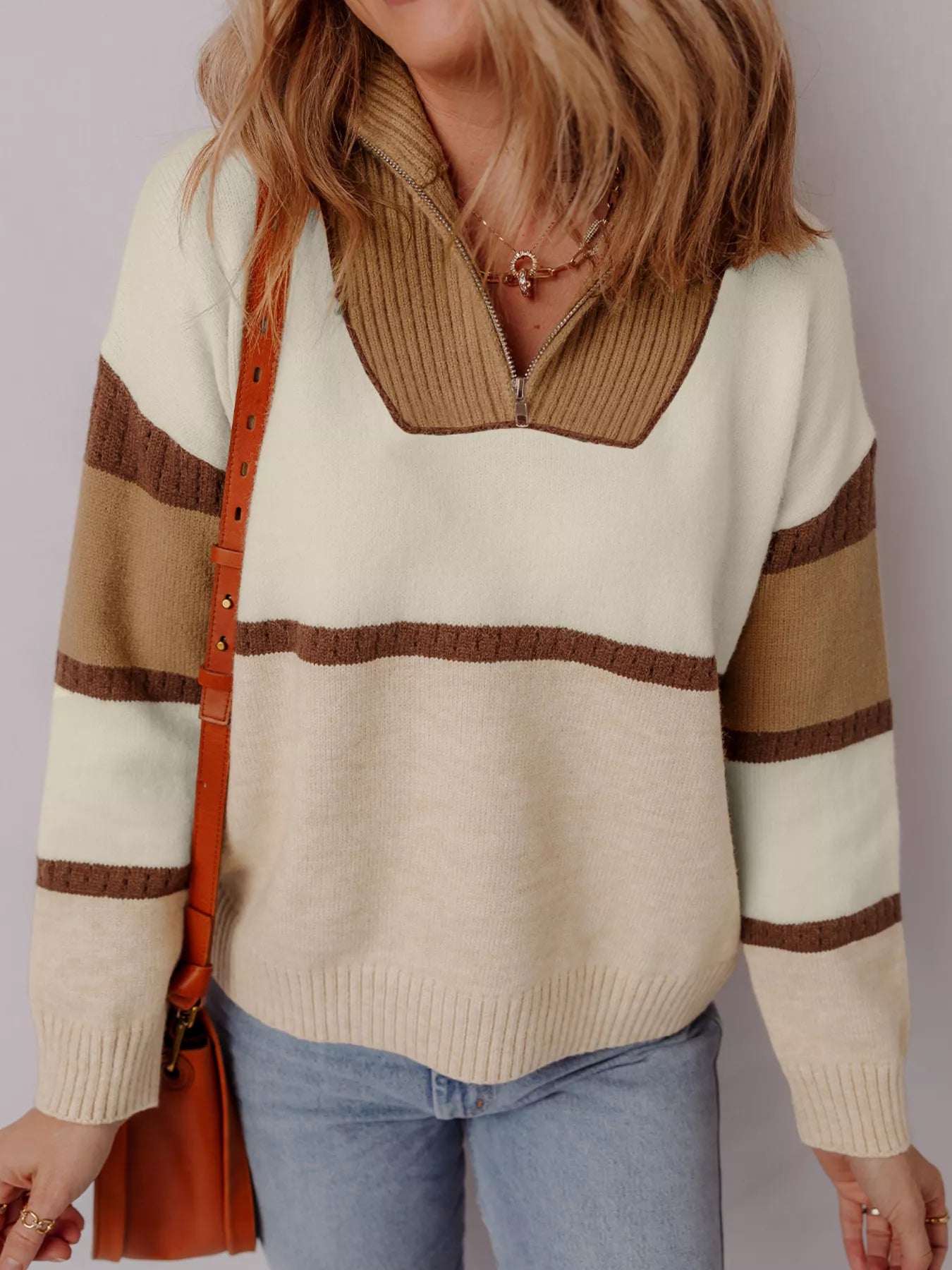 Color Block Zipped Collared Sweater-Nordavory