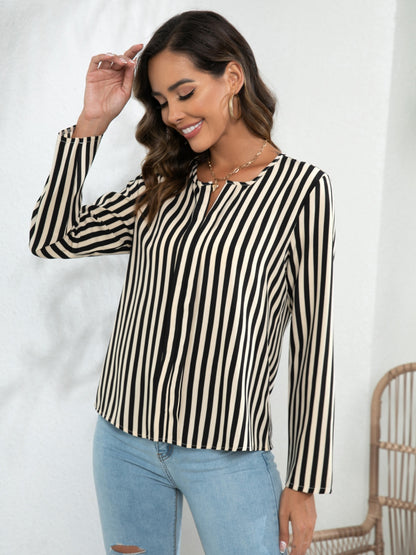 Striped Long Sleeve Notched Blouse-Nordavory