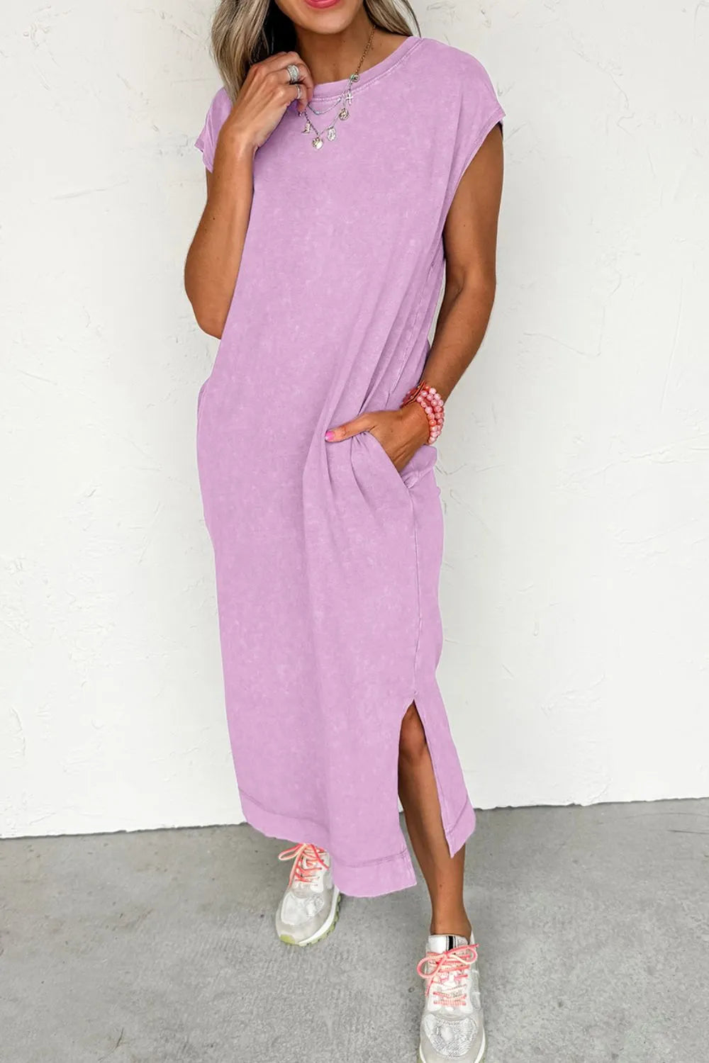 Side Split Round Neck Cap Sleeve T-Shirt Dress-Nordavory