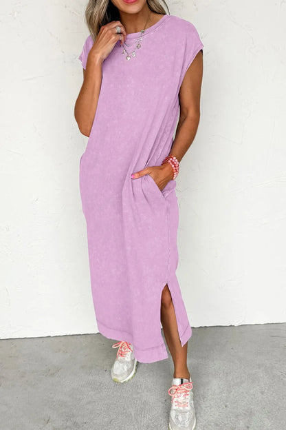 Side Split Round Neck Cap Sleeve T-Shirt Dress-Nordavory