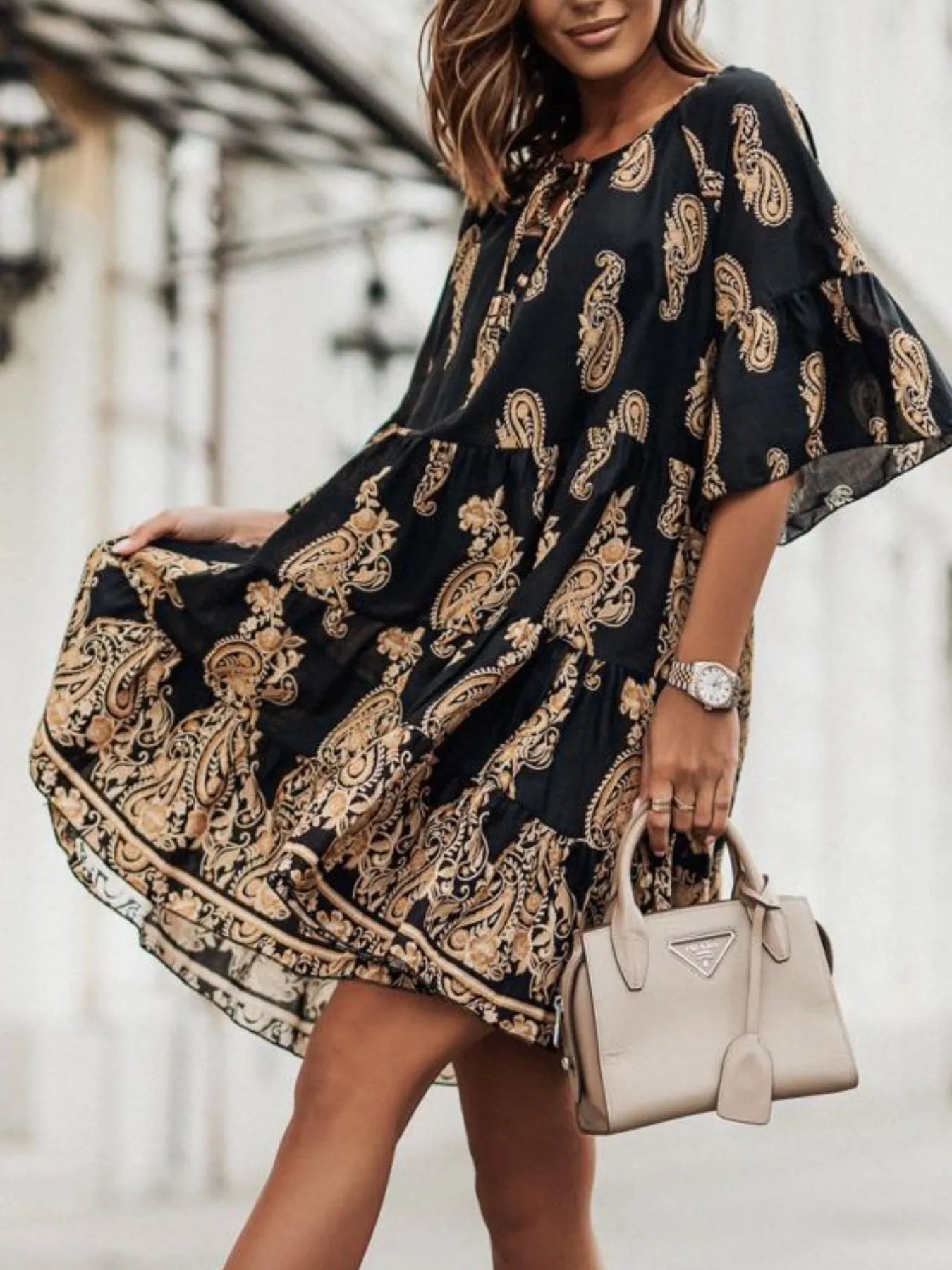 Paisley Print Tie Neck Half Sleeve Mini Dress-Nordavory