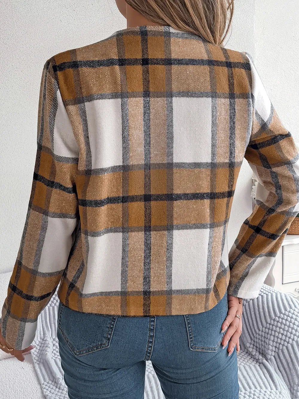 Plaid Open Front Long Sleeve Jacket-Nordavory