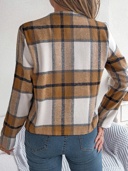 Plaid Open Front Long Sleeve Jacket-Nordavory