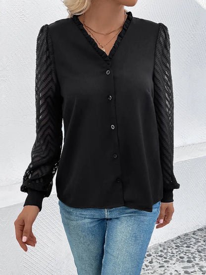 Perfee Mesh V-Neck Button Front Blouse-Nordavory
