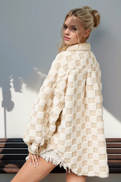 Double Take Button Up Fuzzy Checkered Shacket-Nordavory