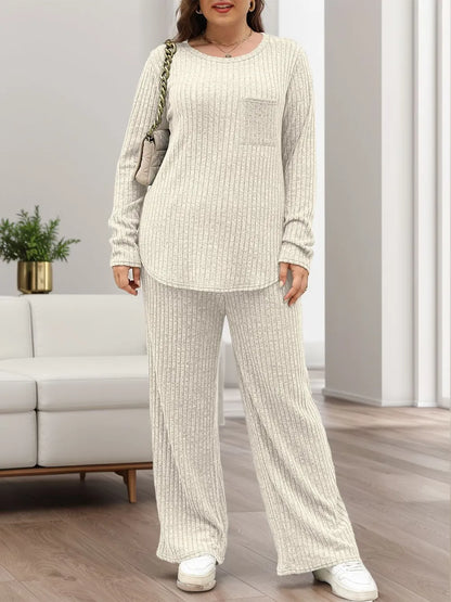 Round Neck Long Sleeve Top and Pants Set-Nordavory
