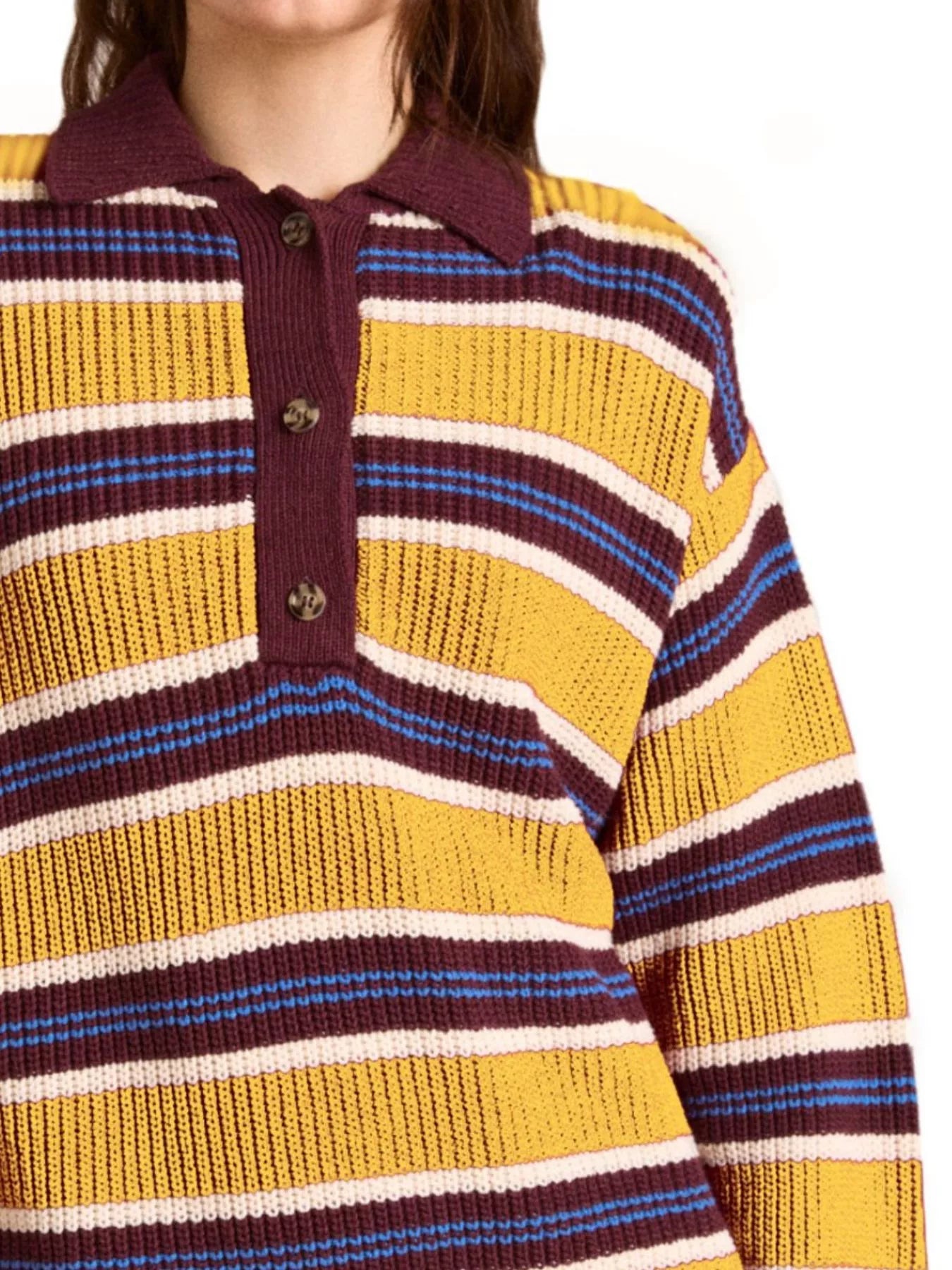 Striped Button Detail Polo Collar Sweater-Nordavory