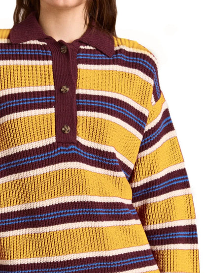 Striped Button Detail Polo Collar Sweater-Nordavory