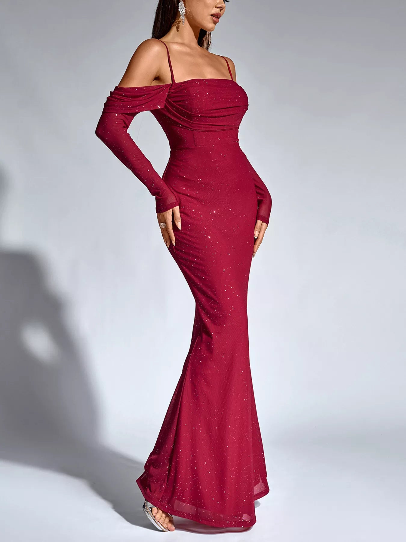 Glitter Ruched Long Sleeve Mermaid Maxi Dress-Nordavory