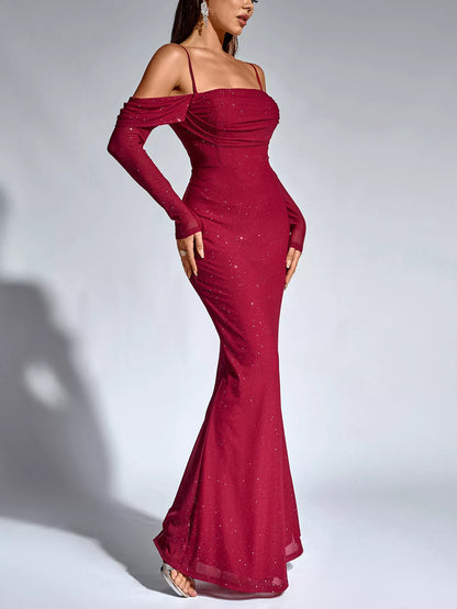 Glitter Ruched Long Sleeve Mermaid Maxi Dress-Nordavory