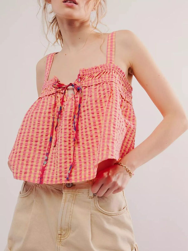 Smocked Gingham Tie-Front Cami-Nordavory