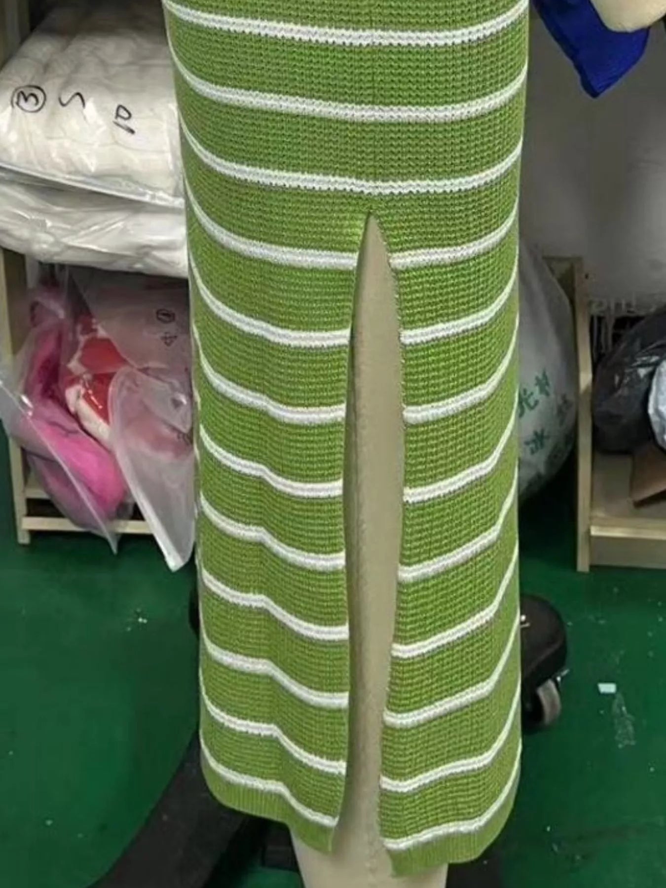 Striped Knit Slit Short Sleeve Midi Dress-Nordavory