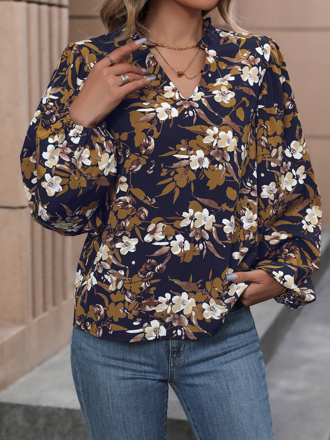 Perfee Floral Notched Balloon Sleeve Blouse-Nordavory
